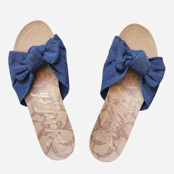 Blowfish Malibu Ginah Blue denim canvass bow tie slide in sandals 7.5 - Picture 2 of 6